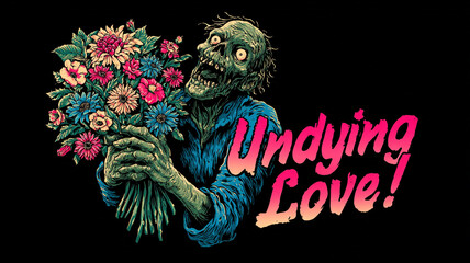 Zombie with joyful expression holds vibrant bouquet of flowers, accompanied by text Undying Love in bold, colorful letters. image combines horror and humor in playful way