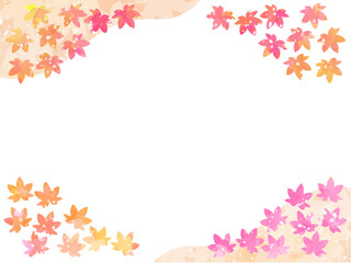 モミジの紅葉イメージの背景素材。水彩風テクスチャー。葉っぱのシルエット。かわいい色調。光の粒子や水滴の輝き。コーナータイプ。左上と右下に山のシルエット。あしらいのあるフレーム。