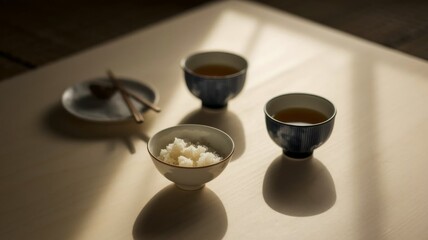 Traditional Japanese breakfast spread with rice, miso soup