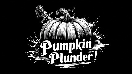 Pirate themed pumpkin graphic features sword and text Pumpkin Plunder in bold lettering, set against splash effect. monochrome design adds dramatic and adventurous feel