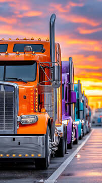 Row of colorful semi trucks parked in a line at sunset, chrome details gleaming on wet asphalt, showcasing classic bigrig style and power.