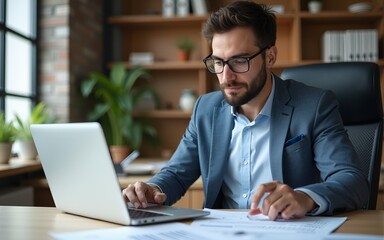 Busy latin mature business man working on laptop computer reading financial document report in office. Entrepreneur manager businessman banking analyst doing paperwork analysing using pc. Copy space