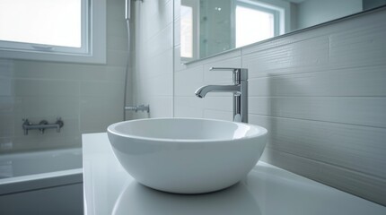A clean, crisp, eye-level shot of a modern bathroom with a focus on the sleek, white basin sink and the shiny chrome faucet.