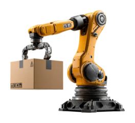 Robotic arm handling package warehouse industrial automation isolated on transparent background