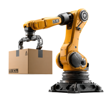 Robotic arm handling package warehouse industrial automation isolated on transparent background - Powered by Adobe