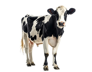 Standing Black and White Dairy Cow Front View, Clean White Background