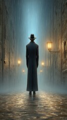 Obraz premium Mystery silhouette in rainy alley with glowing lanterns