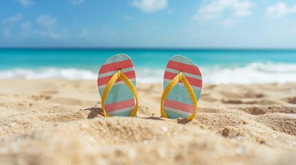 Obraz premium Colorful sandals rest on the sandy beach, ready for a tropical summer vacation.