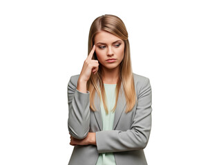 Fototapeta premium Thoughtful young businesswoman in a grey blazer looking down