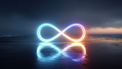 Neon infinity symbol over water at sunset