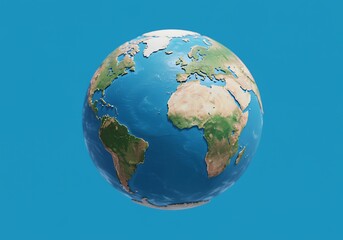 Realistic Earth Globe Model on Blue Background Showing Continents and Oceans with Detailed Topography and Water Texture for Global Awareness