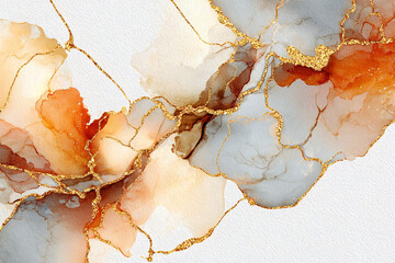 アルコールインクアート、流れるオレンジと金色の抽象的な背景