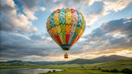 Obraz premium Beautiful surrealist hot air balloon ride offering hopeful adventure and sustainability flying over serene green landscape with dramatic sunrise