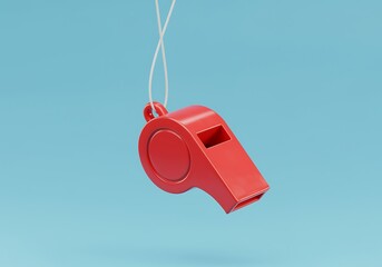 Vibrant Red Whistle Hanging Against a Calm Blue Backdrop Symbolizing Alertness and Attention Getting with Clarity