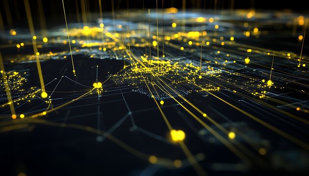 Abstract business strategy map with yellow digital overlays and global light trails