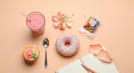 Naklejka premium Pink frosted donut with sprinkles and orange cupcake next to a pink smoothie and colorful candies pink donut