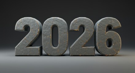 Bold, textured numbers 2026, rendered as weathered stone, stand out against a neutral background.