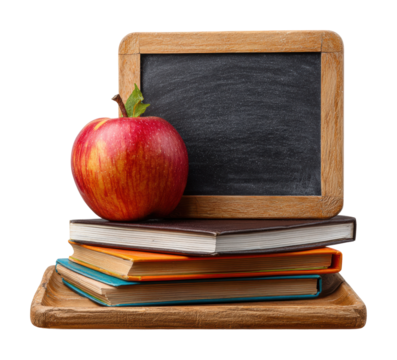 School supplies display apple and books on chalkboard tray isolated on transparent background - Powered by Adobe