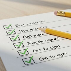 Obraz premium Checklist with Pencil on a Wooden Desk, Task Completed and Goal Accomplished.
