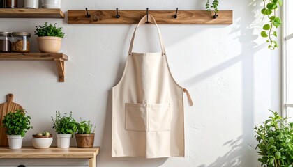 Blank beige canvas apron mockup hanging on a wooden hook rack in a cozy, rustic kitchen with fresh herbs and plants