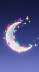 Fototapeta premium Crescent moon with glowing butterflies in a starry night sky stars