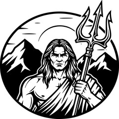 Mystical Poseidon in Circle: A striking illustration of Poseidon, the Greek god of the sea, with long flowing hair and a stern expression.
