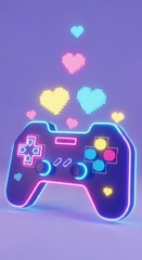 Neon glowing video game controller with pixelated hearts in pastel purple background gaming gamepad