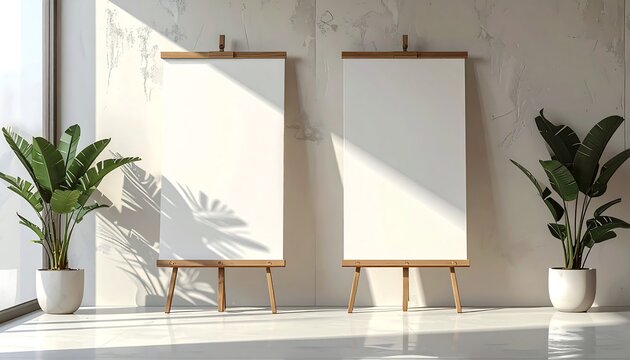 Two blank canvases on easels in a sunlit room