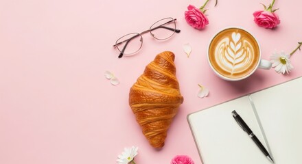 Croissant coffee and notebook with glasses and pink roses on pink background latte art