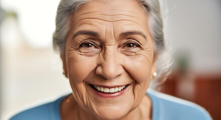 Close-up portrait of a smiling elderly woman with gray hair and wrinkles, looking directly at the camera.