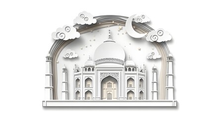 Paper-cut layered artwork of the Taj Mahal under moonlight, delicate white and cream paper layers, tiny stars and clouds in cut-out style, isolated on pure white background.
