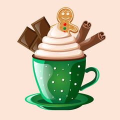 Green Mug Chocolate Drink with Whipped cream, Cinnamon, Chocolate bar, Gingerbread Man. Vector Illustration for Merry Christmas or Happy New Year. Cute Print Flat or Cartoon Winter Holiday Drink.