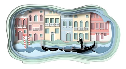 Generative AI illustration of a gondola gliding through Venice canal, layered paper-cut rippling water, pastel-toned houses in the background, French artistic paper style with depth shadows, clean whi