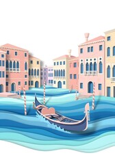 Generative AI illustration of a gondola gliding through Venice canal, layered paper-cut rippling water, pastel-toned houses in the background, French artistic paper style with depth shadows, clean whi