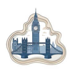 Detailed paper-cut design of Big Ben and London Bridge, layered blue and beige paper textures, smooth cut edges with folded shadow effects, minimal elegant travel poster style, isolated on seamless wh