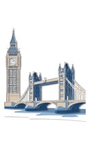 Detailed paper-cut design of Big Ben and London Bridge, layered blue and beige paper textures, smooth cut edges with folded shadow effects, minimal elegant travel poster style, isolated on seamless wh