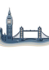 Detailed paper-cut design of Big Ben and London Bridge, layered blue and beige paper textures, smooth cut edges with folded shadow effects, minimal elegant travel poster style, isolated on seamless wh