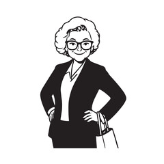 Old woman in formal clothes black and white vector illustration simple minimalist portrait design