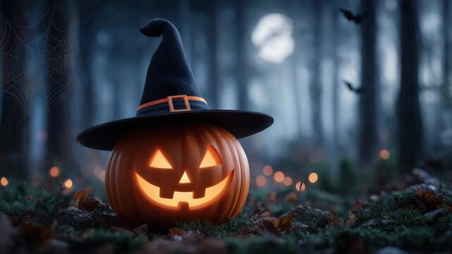 Glowing pumpkin jack o lantern wearing witch hat in dark forest at night with full moon and flying bats creating spooky Halloween atmosphere full of eerie magic and shadows