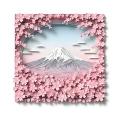 Layered paper art design of Mount Fuji framed with blooming cherry blossoms, soft pink and pastel paper textures, delicate gradient sky background, realistic shadow layers, isolated on white.
