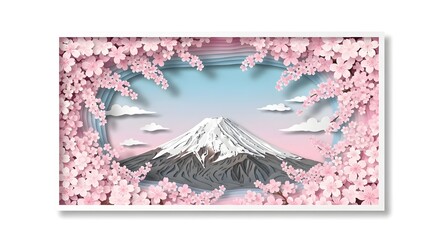 Layered paper art design of Mount Fuji framed with blooming cherry blossoms, soft pink and pastel paper textures, delicate gradient sky background, realistic shadow layers, isolated on white.

