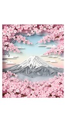 Layered paper art design of Mount Fuji framed with blooming cherry blossoms, soft pink and pastel paper textures, delicate gradient sky background, realistic shadow layers, isolated on white.
