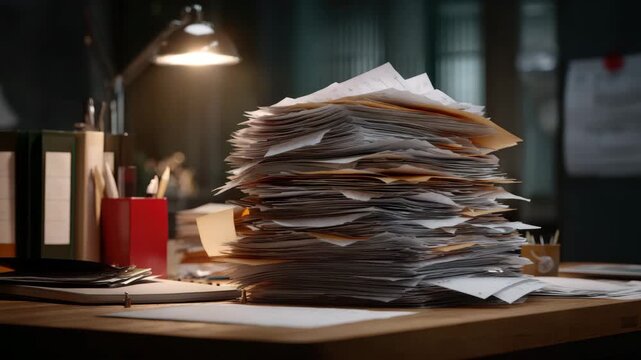 Large stack of paper documents and folders on wooden desk under warm lamp light, cluttered workspace with office supplies, paperwork, and files creating busy office atmosphere