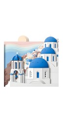 Generative AI French-style paper-cut artwork of Santorini’s iconic blue-domed houses, pastel ocean waves and sun, elegant clean cut style with soft layer shadows, isolated on seamless white background