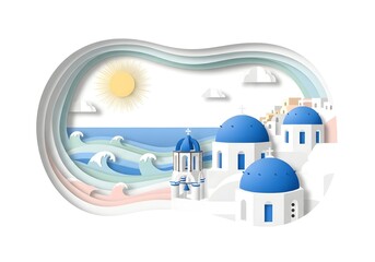 Generative AI French-style paper-cut artwork of Santorini’s iconic blue-domed houses, pastel ocean waves and sun, elegant clean cut style with soft layer shadows, isolated on seamless white background