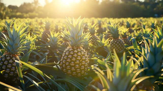 Tropical Pineapples in Sunlit Field. Pineapple field in sunlight perfect for tropical themes or agricultural designs.