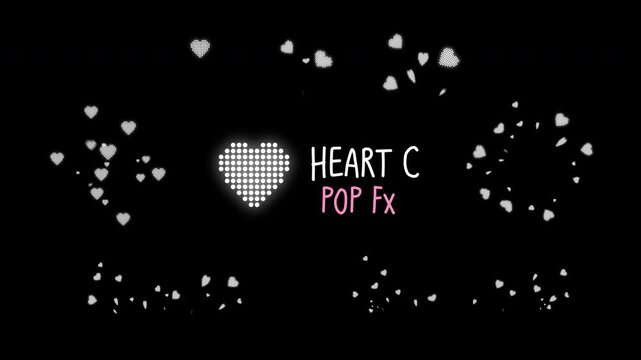 Heart C pop FX pack, digital heart pop effect, pixel dot burst animation, retro video game style FX, transparent background, alpha channel