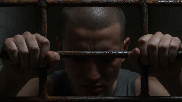A man trapped inside a cell, staring through bars in silence.