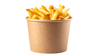 French Fries in a Paper Brown Cup, Eye Level View, Isolated on Transparent Background
