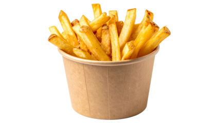 French Fries in a Paper Brown Cup, Isolated on Transparent Background
